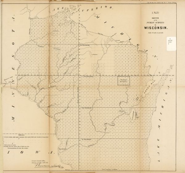 Sketch of the Public Surveys in Wisconsin A survey map that shows the status of township surveys in Wisconsin. At that point, the majority of the state had been surveyed and platted, with the area in north-central Wisconsin between the mouth of the Montreal River and Brule Lake the only area remaining to be surveyed. The Wisconsin reservations of the Oneida, Menominee, Stockbridge, and Brothertown Indians are shown. The approximate scale of the map is 1:1,140,480 (18 miles to an inch)