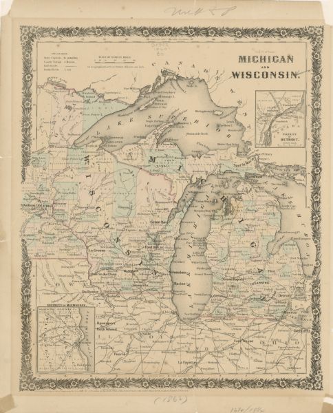 A hand-colored map showing the counties, major cities, ports, railroads, rivers and lakes in Wisconsin, Michigan, northern Illinois, and eastern Minnesota. The inset on the lower left corner is of Milwaukee and its surrounding areas, and the inset on the top right is that of the Detroit and its vicinity.