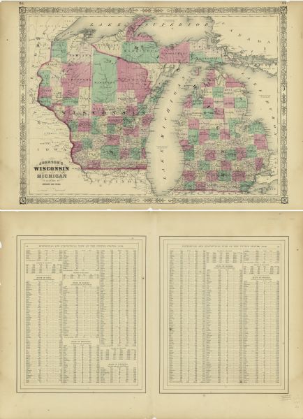 A map of Wisconsin and Michigan showing the counties, named towns, cities and villages, and railroads. The opposite side includes a lists counties with population figures for white, "free col.," and slave from the 1860 census for Illinois, Indiana, Iowa, Kansas, Kentucky, and part of Georgia and Louisiana.