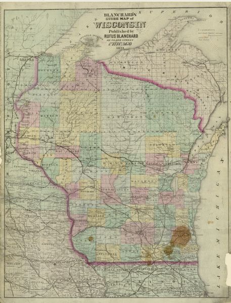 A map of Wisconsin along with southeastern Minnesota and Iowa, northern Illinois and the Upper Peninsula of Michigan, showing the counties, county seats, villages, rivers, lakes, as well as both completed and proposed railroads.