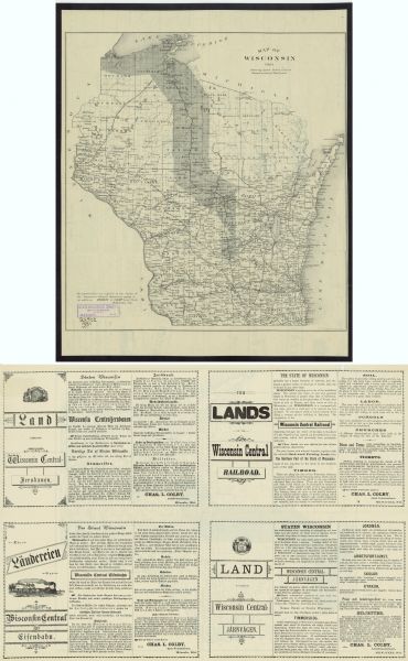 A brochure with a map of Wisconsin that also includes information (in English, German, Norwegian, and Swedish) pertaining to the state, such as its timber farming, establishment of schools, denominations of churches, and soil composition. The map shows the railroads in the state, Wisconsin Central Railroad land grant limits, as well as counties, cities, rivers, and lakes.