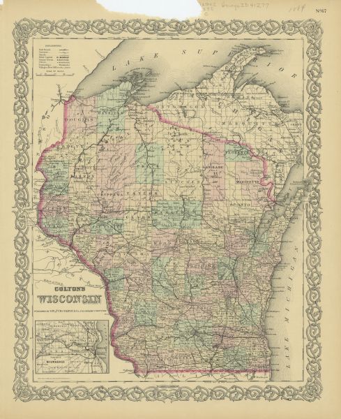 This basic reference map of the state shows natural features, railroads, county seats, and political boundaries against the G.L.O. township and range grid. It includes an inset map of the Milwaukee area. 
