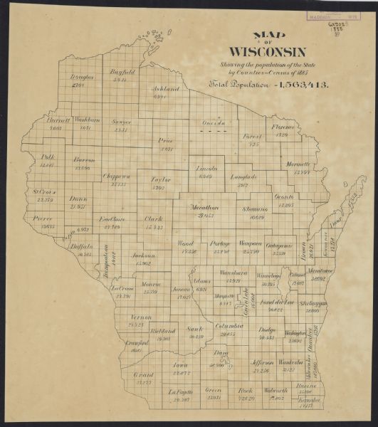 Map of Wisconsin Census Map of Wisconsin showing the populations of each county as well as the total population for the state.