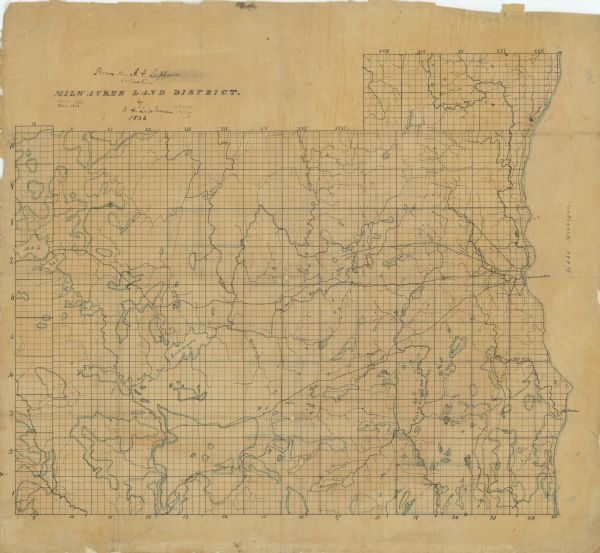 This hand-colored manuscript map shows the township and section grid in southeastern Wisconsin, covering the area west to Sugar River and Four Lakes region and north to present-day Ozaukee and Washington counties. Rivers and lakes in the region are depicted.