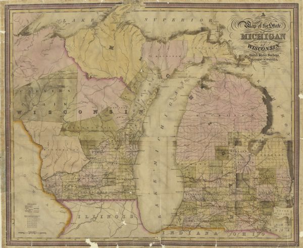 Wisconsin was considered part of Michigan Territory until 1836, a year before Michigan entered statehood. Drawn in 1839, this map shows the state of Michigan and Wisconsin Territory. It shows towns and villages, canals and railroads.