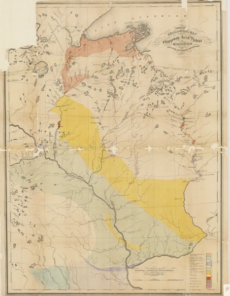 A geological, hand-colored map of Wisconsin north and west of the Wisconsin River, as well as portions of eastern Minnesota and Iowa from the Mississippi to the Saint Louis Rivers. The key shows the locations of different rock formations such as sandstone, limestone, slates, and sienite.