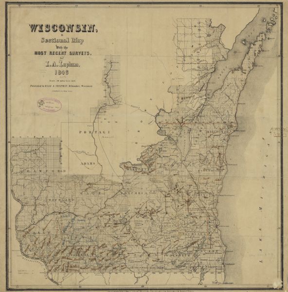 This map shows the township and range system in southern and eastern Wisconsin as well as along the Wisconsin River in present-day Marathon, Portage, and Wood counties. Counties, cities, and villages are identified and rivers, lakes, and roads are shown. This copy of the map has been annotated with the names of a number of villages and towns.