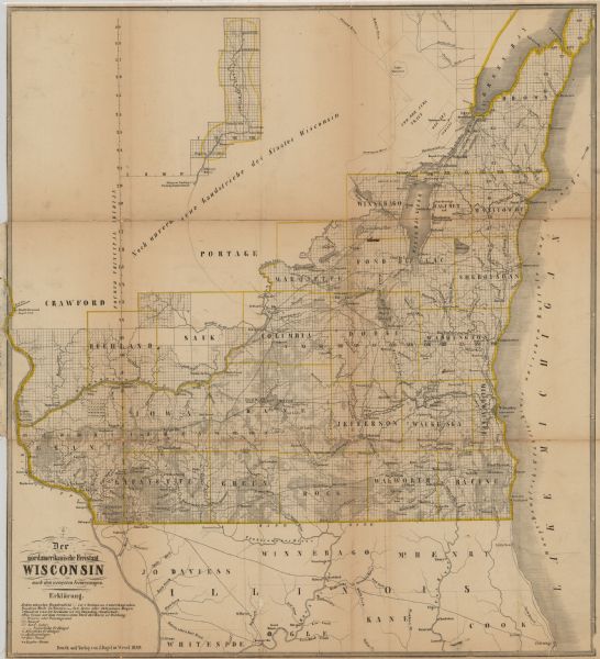 Nordamerikanische Freistaat Wisconsin nach den neuesten Vermessungen Published in Germany a year after Wisconsin entered statehood, this map shows prairies, swamps, lakes, mounds, limestone deposits, and lead and copper mines, in addition to counties and towns. The map key is written in German.