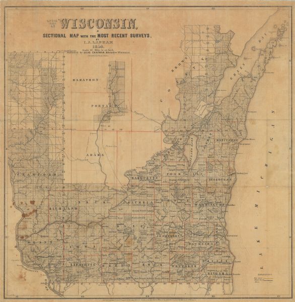 Mid and southern Wisconsin counties, city/town lines, lead mines, copper mines, streams, plank roads, and the Milwaukee and Mississippi Rail Roads.