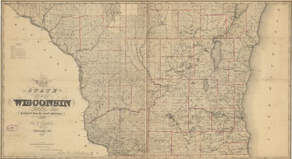 Railroad map outlines mid and southern Wisconsin county boundaries in red, and city/town lines are provided. Other marks include lead mines, copper mines, streams, plank roads, Lake Michigan elevation, Green Bay water depth, and the Milwaukee and Mississippi Rail Roads.
