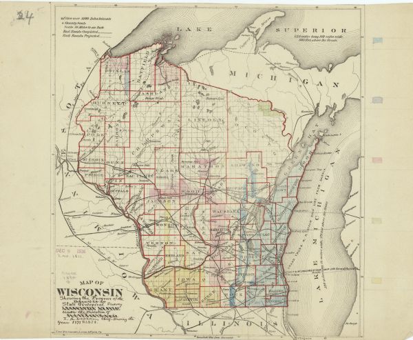 A hand-colored, geological map of Wisconsin show the progress of the state geological survey in 1873 and 1874.  Other elements displayed in the map includes completed and proposed railroads, rivers, lakes, counties, towns, the Detroit and Milwaukee Steam Ship Line, the Grand Truck Railroad Steam Ship Line from Sarnia.  Also included in the map are eastern Minnesota and Iowa, northern Illinois, and the Upper Peninsula of Michigan.