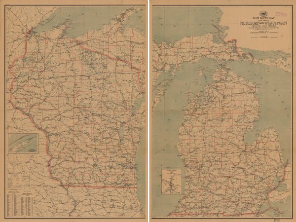 A map showing the location of post offices in Wisconsin and Michigan that were in operation as of April, 1915, along with the mail routes in use as well as the distances between post offices. At the lower left, below an explanation of the frequencies of the mail service identified on the map, the counties of Wisconsin and Michigan are listed with their general location in each state identified. An inset of Isle Royal in Lake Superior and an inset of Grand Rapids, Michigan, are included.
