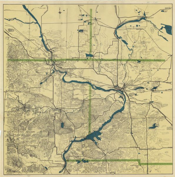 This map of south central Wisconsin shows lakes, rivers, cities, villages, highways and roads, railroads, Indian mounds, and points of scenic and historic interest in Sauk, Columbia, Adams, Marquette, Juneau, and Dane counties.

