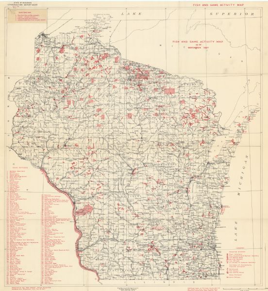 This Wisconsin Conservation Department map shows the locations of game refuges, fish hatcheries, canning factories, fish camps, and fish refuges in the state as of November 1937. Four areas--Clam Lake, Argonne, Coon Creek, and American Legion State Forest--which are closed for the protection of game are also identified.