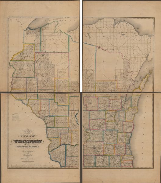 This map shows the township survey grid and identifies counties, named towns, cities and villages, rivers, lakes, and railroads. Boundaries are shown in blue, green, yellow, orange, and pink. A "Profile of the Milwaukee and Mississippi Rail Road" is included.