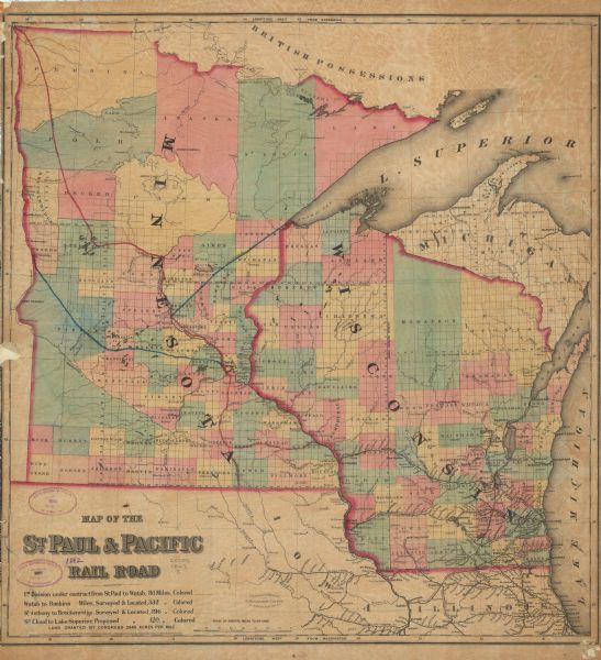 This hand-colored map shows railroads in Minnesota, Wisconsin, eastern Iowa, and northern Illinois. The township survey grid, counties, cities and villages, rivers, and lakes are identified in Minnesota and Wisconsin.