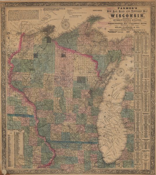 This map, which includes eastern Iowa, northern Illinois and the western portion of Michigan's Upper peninsula, shows the township survey grid and identifies counties, named towns, rivers, lakes, Indian reservations, and railroads. Tables give the 1865 populations of Wisconsin counties and principal cities, as well as the stations and distances between them for various Wisconsin rail lines.