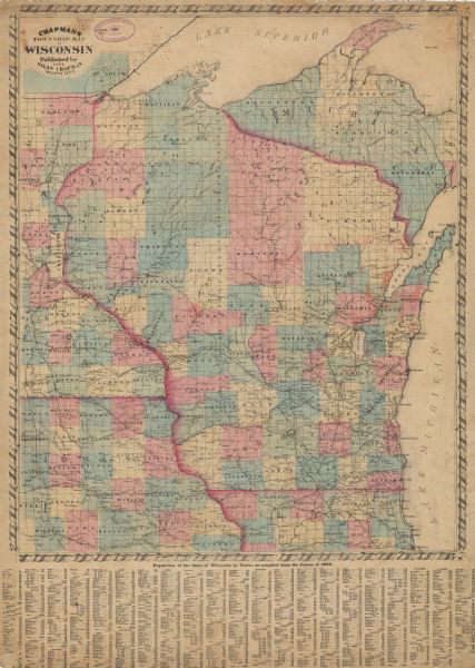 This map of Wisconsin and surrounding states depicts the township survey grid and identifies counties, named towns, cities and villages, rivers, lakes, railroads, and the Chippewa and Oneida reservations. Horicon Marsh is labeled Horicon Lake. A table provides 1870 populations for Wisconsin counties, towns, and cities and villages. Also shows counties in eastern Minnesota, upper penninsula of Michigan, northeastern Iowa, and northern Illinois. Includes "Population of the state of Wisconsin by towns, as compiled from the Census of 1870" -- bottom margin.