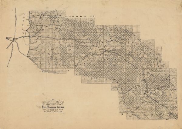 Map of the lands in the vicinity of the West Wisconsin Railway route between St. Paul and Chicago, extending from St. Paul, Minnesota southeast to the Wisconsin Valley Junction in Monroe County. Included are lands in the counties of Polk, Saint Croix, Pierce, Dunn, Pepin, Buffalo, Chippewa, Eau Claire, Trempealeau, Clark, Jackson, La Crosse, and Monroe.