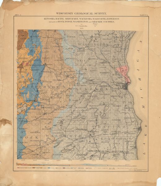 This color-coded map of the geology of southeastern Wisconsin shows the township grid, counties, towns, cities and villages, rivers, lakes, and railroads. A geological cross section running from the Milwaukee River at Lake Michigan to the vicinity of Waterloo is included.
