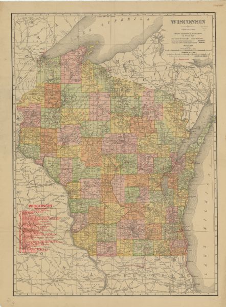 This map shows railroads, counties, cities and villages, rivers, lakes, and electric lines are shown in Wisconsin, the western portion of Michigan's Upper Peninsula, eastern Iowa and Minnesota, and northern Illinois. A key to the names of the railroads in the state is printed on the map. 
