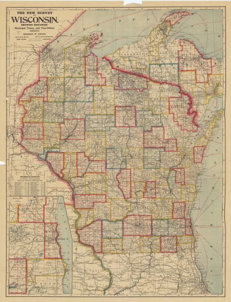 This map of Wisconsin, the western portion of Michigan's Upper Peninsula, and northern Illinois shows counties, towns, cities and villages, rivers and lakes, rail lines, and distances between selected ports on the Great Lakes. An inset map, "Milwaukee and vicinity" shows southeastern Wisconsin in greater detail and an index provides population figures from the 1910 census for Wisconsin and cities over 5,000.