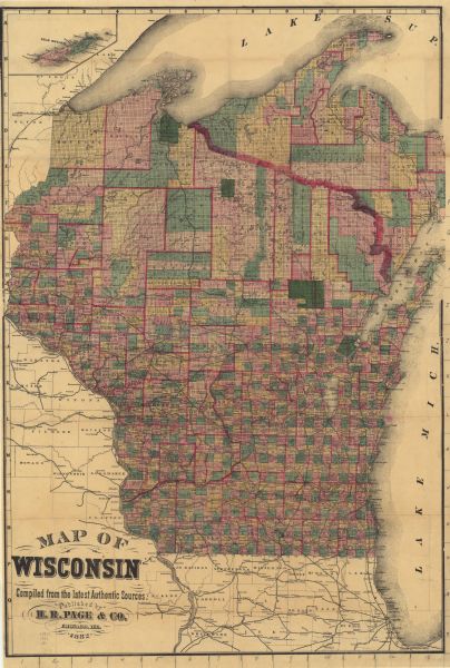 A hand-colored, sectional map of Wisconsin showing the township grid, completed and proposed railroads, counties, towns, cities, villages. The map also includes the locations of the Bad River, Lac Flambeau, Menomonee, and Oneida reservations. The map also includes an inset of the Isle Royal and shows the western portion of Michigan’s Upper Peninsula and northern Illinois.