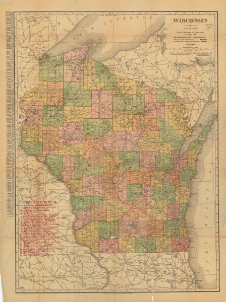 A hand-colored map of Wisconsin identifying the railroads, counties, cities, rivers, and lakes in Wisconsin, eastern Minnesota and Iowa, northern Illinois, and the western portion of Michigan’s Upper Peninsula. The map also includes a key to the names of the railroads in the state and populations of the chief cities.