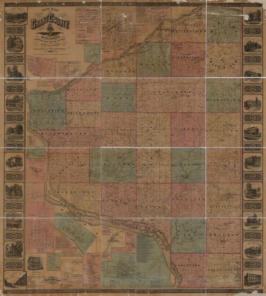 A detailed, cloth mounted map of Grant County that shows the townships, towns, roads, completed and under construction railroads, cemeteries, mills, lead mines, school houses, tenement houses, and landownership. The inset maps include, with brief business directories, the towns of Bloomington, Muscoda, Boscobel, Platteville, Lancaster, Cassville, and numerous other towns, together with numerous illustrations of local buildings in Boscobel, Lancaster, and Platteville.