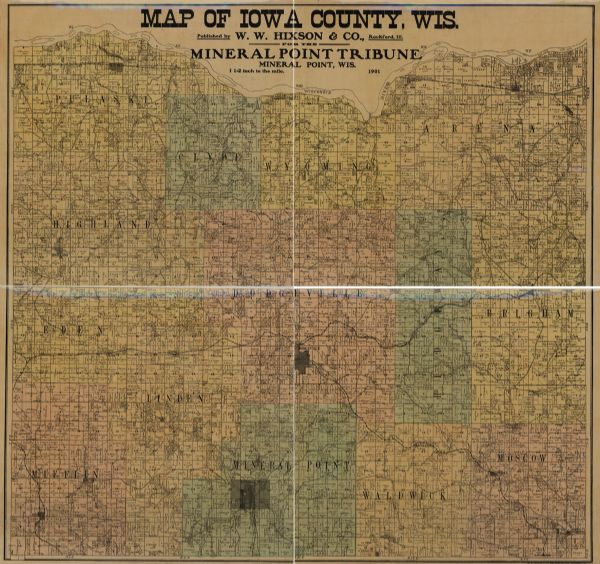 A hand-colored map of Iowa County, Wisconsin, shows townships and sections, towns, cities and villages, streams, landownership, roads, railroads and rural buildings.