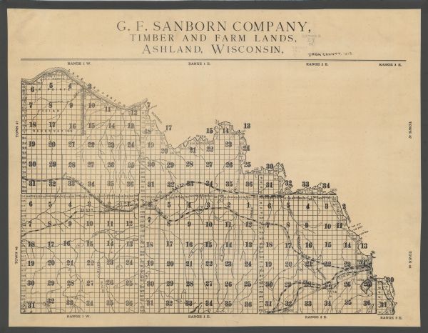 Map of northern Iron County, Wisconsin, shows town sections and railroads in the towns of Saxon, Kimball, and Gurney. It also includes the area of the La Point Indian Reservation.