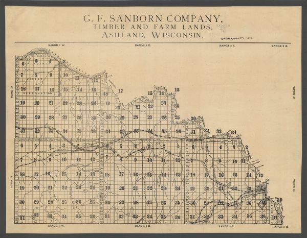 Timber and Farm Lands of Ashland, Wisconsin Map of northern Iron County, Wisconsin, shows town sections and railroads in the towns of Saxon, Kimball, and Gurney. It also includes the area of the La Point Indian Reservation.