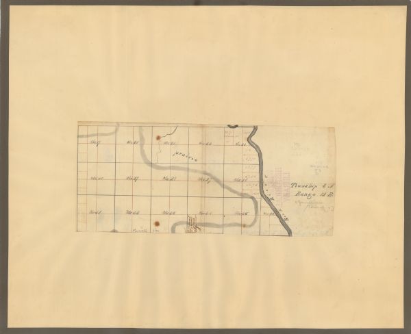 An ink and water color on paper, hand-drawn map showing the section divisions in the southern half of the Janesville Township (Township 3 North, Range 12 East), Rock County, Wisconsin, west of the Rock River.