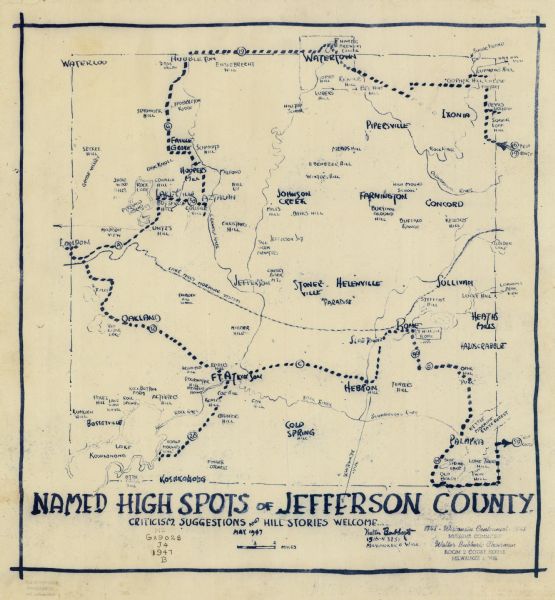 An ink on paper, hand-drawn map of Jefferson County, Wisconsin, that identifies named hills, other points of interest, and the Lake Mills moraine system in the county and identifies a trip route through the county that accesses many of these features.