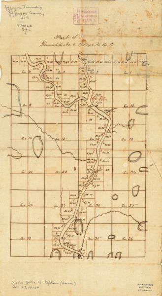 An ink and watercolor on tracing map showing the sections and surveyed lots in the vicinity of the Rock and Crawfish rivers in the central and eastern portions of the Town of Jefferson and the northeastern portion of the Town of Koshkonong (Township no. 6, range no. 14 East) in Jefferson County, Wisconsin.