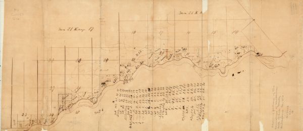 An ink and pencil on paper hand-drawn map showing sections and landowners along the north bank of the Fox River in the towns of Grand Chute and Vandenbroek in Outagamie County, Wisconsin, the present-day sites of the cities of Appleton and Kaukauna and the village of Little Chute (Town 21, range 17 and town 21, R 18).