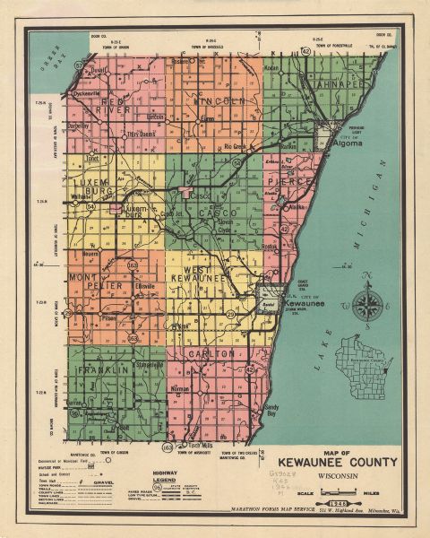 Map of Kewaunee County, Wisconsin Map of Kewaunee County, Wisconsin, shows towns, cities and villages, roads and highways, railroads, schools, lighthouses, place names, town divisions, commercial and municipal fields. A location map is included. Approximate scale of the map is: 1:126,720.