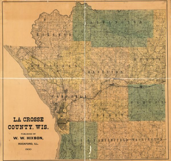 A map of La Crosse County, Wisconsin, showing and identifying the townships and section numbers, towns, cities and villages, landowners, rivers, railroads, and roads in the county.