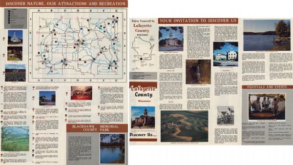 A tourist map of Lafayette County, Wisconsin, that shows the locations of motels, camping, municipal parks, cheese factory tours, waysides, and golf courses and includes an index of attractions and historical sites and color illustrations. A location map, text describing the activities to do in Lafayette County, and additional illustrations are printed on the opposite side.