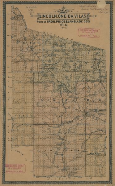 A  map of the Wisconsin counties of Lincoln, Oneida, Vilas, parts of Iron, Price & Langlade that shows the township and range grid, sections, villages, railroads, rivers, marshes, roads, and the Lac du Flambeau Indian Reservation in Lincoln, Oneida, Vilas, Iron, Price and Langlade counties.