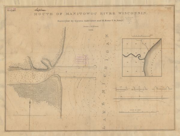 A hand-drawn map of the mouth of the Manitowoc River at Lake Michigan, showing depth of the water by contour lines. The included inset map shows the region around the main drawing as well as cross section diagrams of the piers at the mouth of the river.