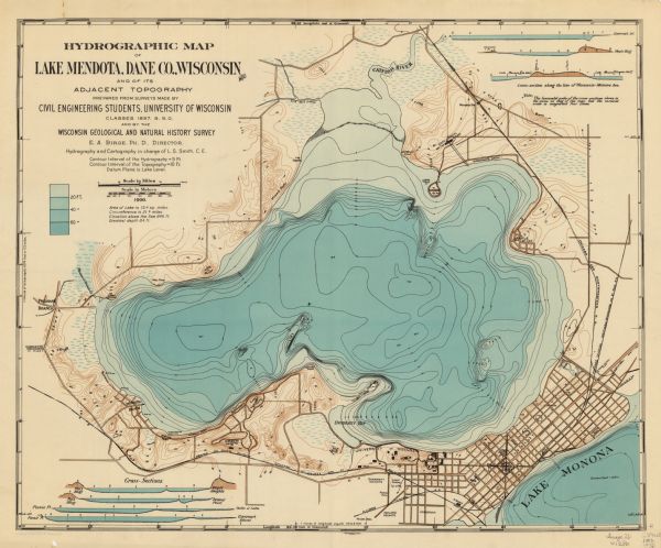 A Hydrographic map of Lake Mendota that shows the depths of the lake through contour lines and cross sections of the lake. Also shown in the map are the adjacent lands of the lake, such as the isthmus and the state capital. The contour interval of the lake are 5 feet; those contours fro the topography are 10 feet.