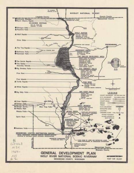This map is a 9 part map detailing various parts of Menominee County, Wisconsin. Page 1 of the map shows federal aid control in the county and was used by the Department of Transportation. This page read: "Revised as of Jan 1, 1974" and contains a legend in the left corner. Page 2 is the "General Development Plan for Wolf River National Scenic Riverway" and is a detailed map of physical features along the Wolf River. The right bottom corner has a legend. Page 3 is a "Boundary Map Wolf River National Scenic Riverway" and has a legend of county and U.S.F.S. boundaries as well as the proposed Riverway, county roads and state highways. Page 4 is the "River Classification Wolf River National Scenic Riverway" and the legend contains the same items as map 3. Map 5 is of all of Menominee County and has a legend of different types of land within the county. Map 6 is of all of Menominee County and has a legend of "Economic Development Zone" and the "Wolf National Scenic Riverway". Map 7 has a detailed legend of various roads in Menominee County. Map 8 also has a legend of roadways, as well as natural resources and commerce. Map 9 appears to be a topographical map of Menominee County.