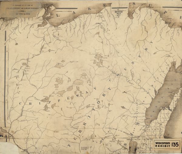 A map of the western Upper Peninsula of Michigan and Wisconsin north of Lake Winnebago and east of Lake Pepin and the mouth of the Saint Louis River on Lake Superior. The maps identifies those lands being “Chippeway Country,” as well as the locations of Indian villages, trading posts, lakes, and river and streams and their portages, rapids, and falls.