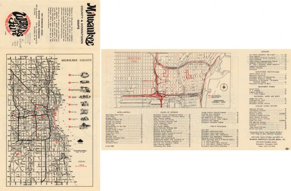 A tourist map of Milwaukee County and of downtown Milwaukee. The Map of Milwaukee County identifies the location of some of the points of interests in the county, including the Zoological Gardens, McKinley Marina, War Memorial Center, and the Milwaukee County Stadium. The downtown map of Milwaukee identifies the location of hotels, motels, places of interest, churches, department stores, depots for railroads, buses, and public buildings.