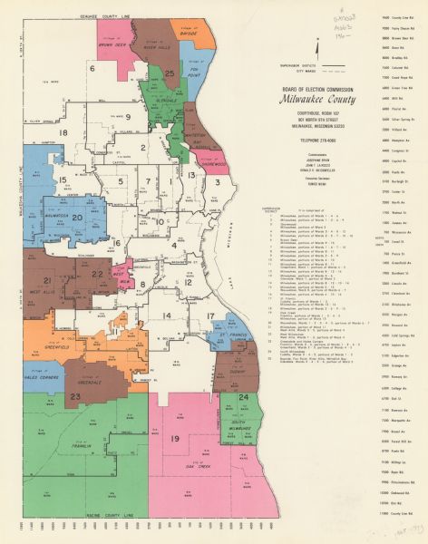 A map of Milwaukee County showing the county supervisor districts and the city wards. The map also includes the names of those on the on the board of election commission and the executive secretary.