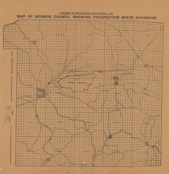 A map of Monroe County, Wisconsin showing townships, the towns of Sparta, Tomah, Oakdale, Wilton, Cashton, Glendale, Kendall and Wyeville, as well as the United States Military Reservation, railroads, streams, and highways.