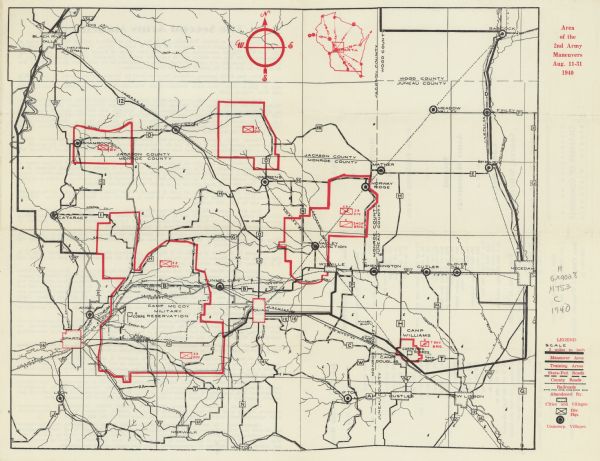 This maps shows the areas in Monroe, Jackson, and Juneau counties, Wisconsin, where U.S. Army maneuvers were held in August 1940. Highways and roads, communities, streams, Camp McCoy, and Camp Williams are shown and an inset location map is included. 
