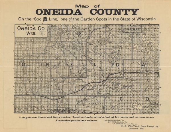 This 1908 map shows the township and range grid, sections, towns, villages, railroads, bridges, lakes, streams, rapids, and state-owned lands in Oneida County and portions of Vilas and Lincoln counties in Wisconsin. 
