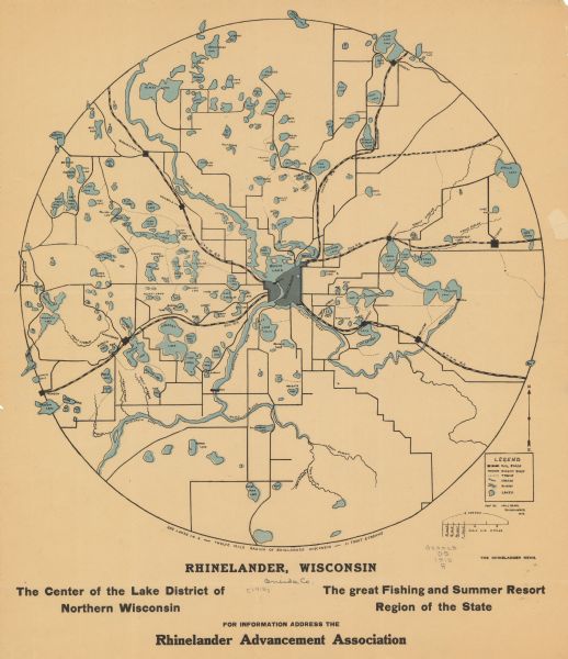 This 1915 map shows railroads, wagon roads, trails, creeks, rivers, lakes, and trout streams in Oneida and Lincoln counties within a 12 mile radius of Rhinelander, Wisconsin. It notes that there are 230 lakes and 11 trout streams in this area.